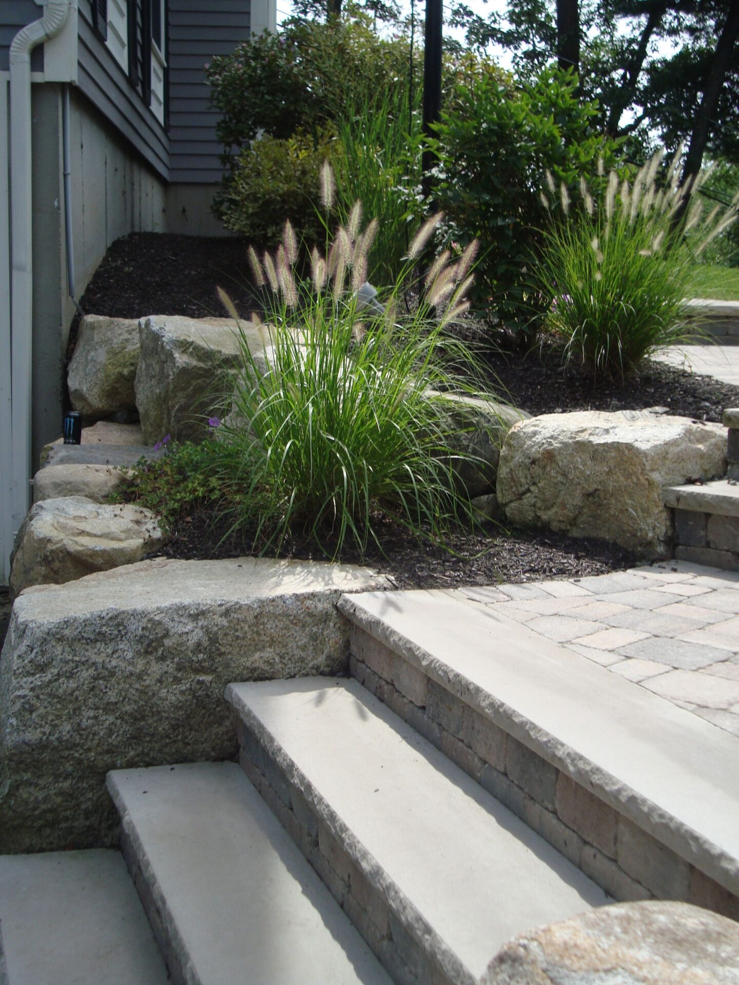 Concrete steps lead to a landscaped area with ornamental grasses and large rocks, adjacent to a building with gray siding.