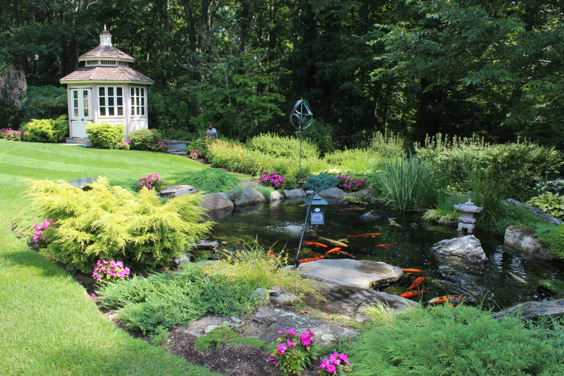 A serene garden scene with a koi pond, colorful flowers, a decorative gazebo, and a person standing in the lush greenery.