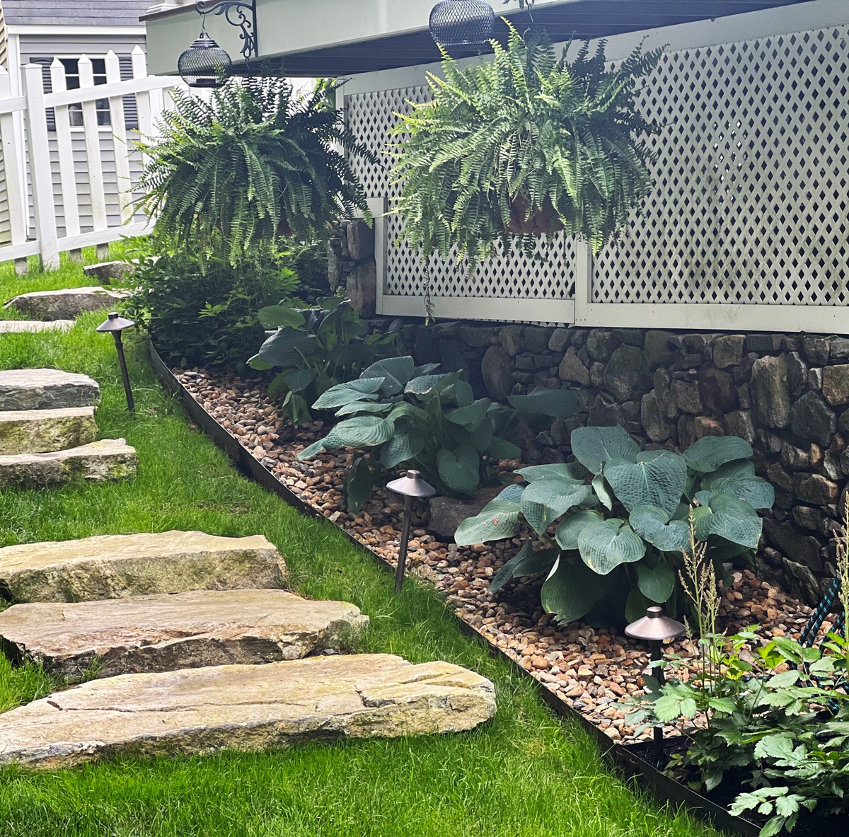 Stone steps lead through a garden with lush ferns, large hostas, and decorative path lights. A white lattice and stone wall backdrop.
