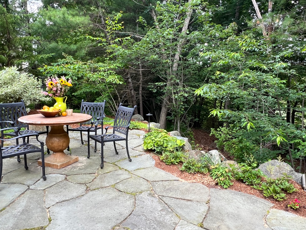 A stone patio with a round table and chairs, surrounded by lush green trees and plants, creating a peaceful outdoor setting.