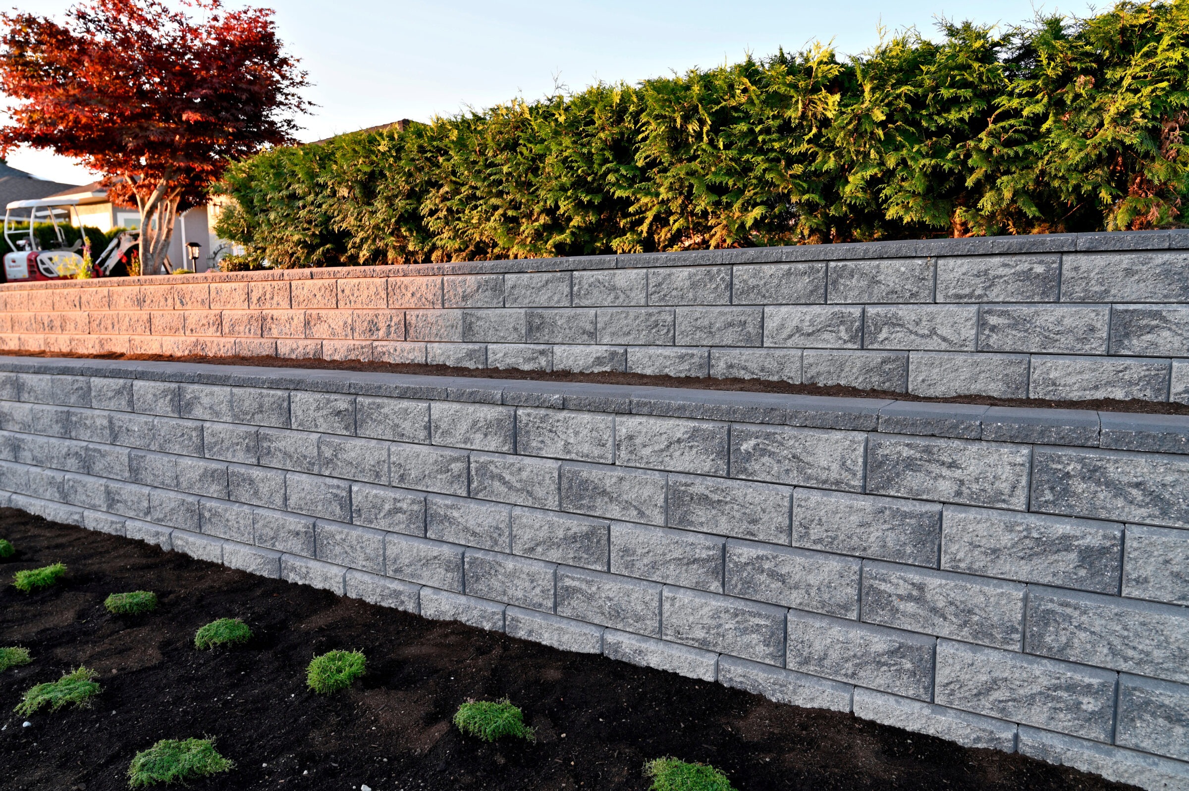 Terraced stone retaining walls with greenery; small plants in soil. Red tree and vehicle partially visible in background under clear sky.