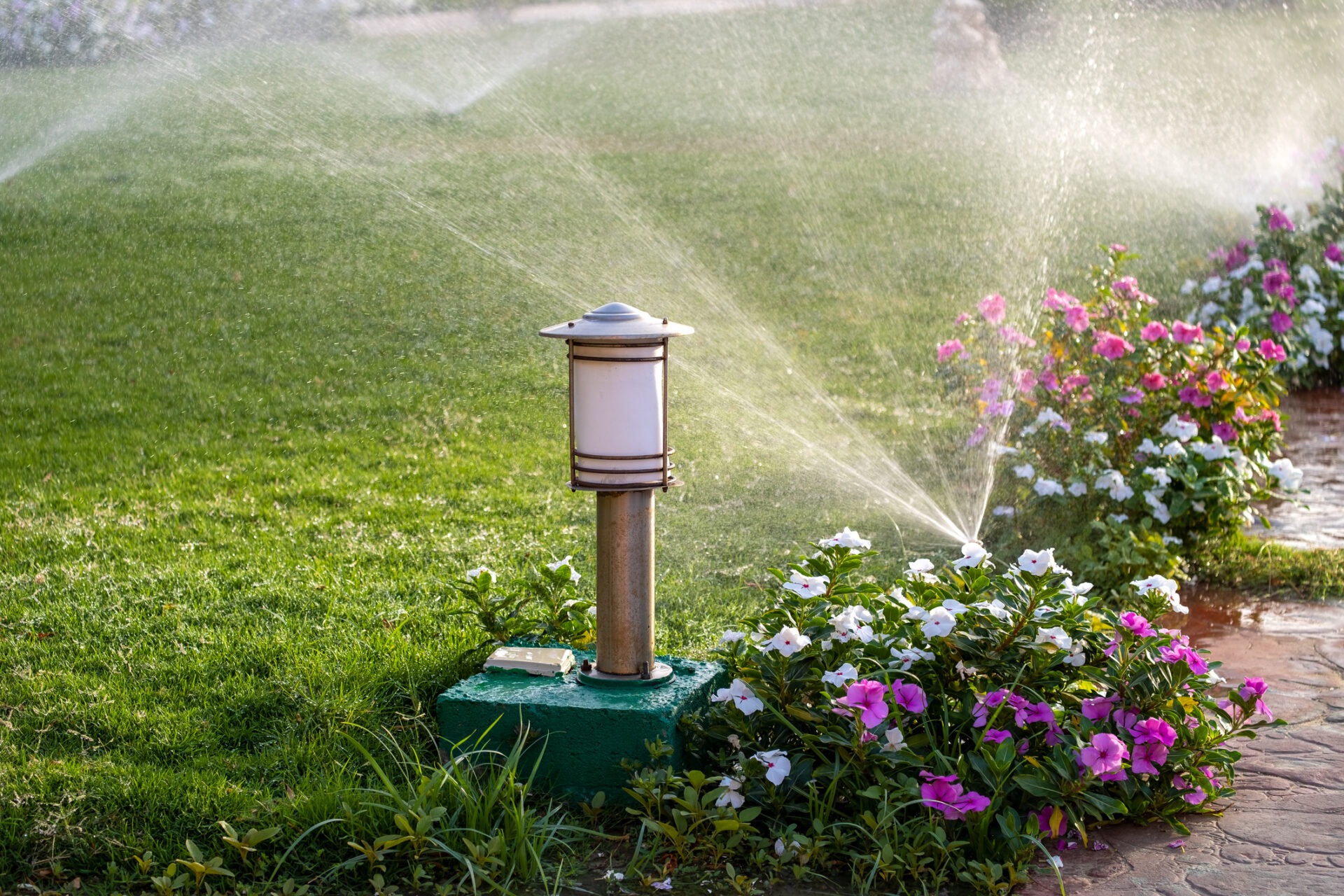 A garden scene showing sprinklers watering vibrant flowers and green grass beside a pathway, illuminated by a modern outdoor lamp.