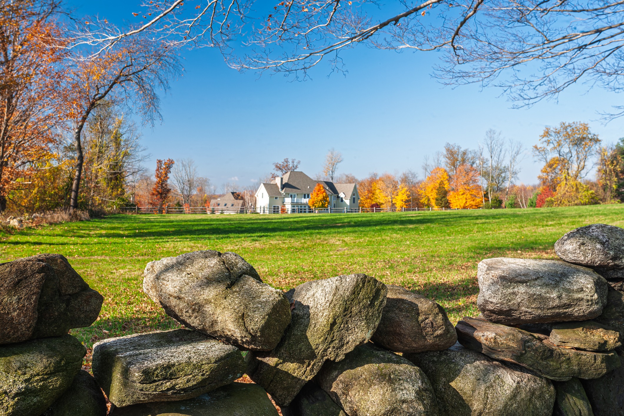 A rugged stone wall surrounds a vibrant green lawn with a distant house beneath bright autumn leaves in Connecticut.